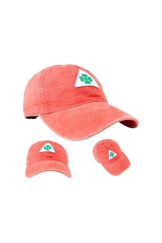 Perlotus Vintage Yıkamalı Pamuk Şapka Dört Yapraklı Yonca Nakışlı Turuncu Turuncu