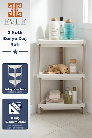 3 Katlı Banyo Köşe Rafı - Duş İçi Şampuanlık Ve Düzenleyici Organizer - Modüler Üçgen Raf Beyaz