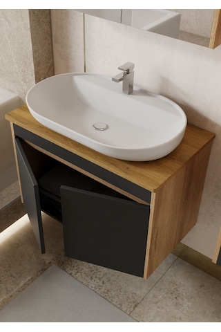 Karen Banyo Luna 80 Cm Tezgahlı, Aynalı Banyo Dolabı Seti, Seramik Lavabo Dahil Sonoma - Antrasit