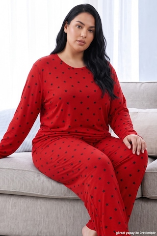 Siyah İnci Kırmızı Desenli Termal Kumaşlı Ultra Soft Yumuşak Büyük Beden Battal Boy Örme Pijama Takımı 26226727