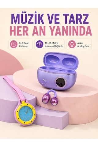 Mor Kablosuz Stereo Kulaklık Ve Pembe Askılı Analog Çanta Saati G