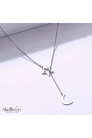 Selene 925 Ayar Gümüş Zincir Kolye Yıldız Ay Sallantılı Kadın Kolye Gümüş