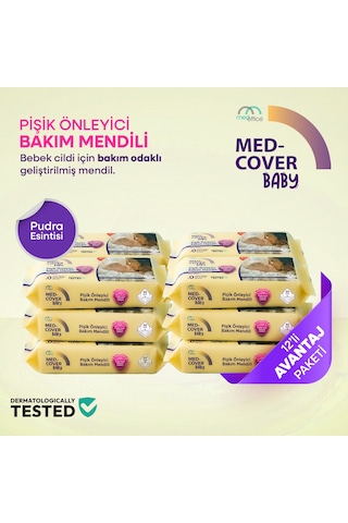 Med-cover Baby Pişik Önleyici Bakım Mendili Pudra Esintisi 50'li x 12 Avantaj Paketi