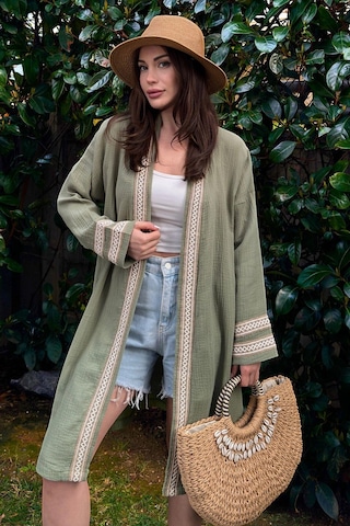 Kadın Hakı Müslin Kumaş, Hasır Şerit Detaylı Salaş Kimono Ceket Haki