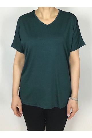Kısa Kol V Yaka Likralı Düz Penye Bluz Zümrüt
