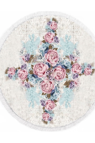 Dekoreko Ipek Halı Dijital Saçaklı Yuvarlak 1821 Desen 1 160 X 160 pudra