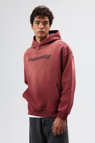 Vamos Oversize Baskılı Yıkamalı Hoodie Bordo