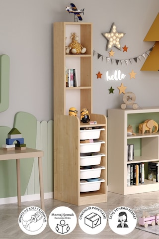5 Sepetli 3 Raflı Dolap Çok Amaçlı Dolap Oyuncak Dolabı Derya Safir Meşe Açık Kahverengi
