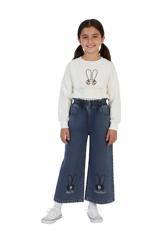 Erdem Kıds Kız Çocuk Bayramlık Günlük - Casual Geniş-bol Paça Palazzo Kot Pantolon-sweatshirt İkili Takım Beyaz - Mavi Beyaz - Mavi