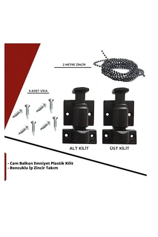 Cam Balkon Emniyet Plastik Kilit - Boncuklu İp Zincir Takım Seti Siyah