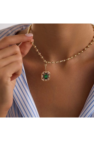 Sembolgold 14 Ayar Özel Tasarım Yeşil Taşlı Kolye Ball Chain T14386 Renkli