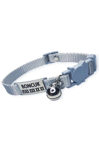 Güvenlik Kilitli İsimli Kedi Tasması, Kedi Tasması Gri Renk