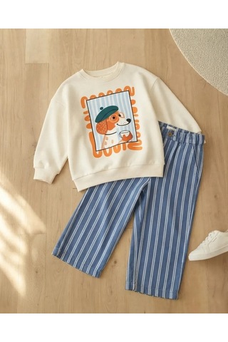 Kidsroom Çizgili Gabardin Pantolonlu Erkek Çocuk Takım Ekru