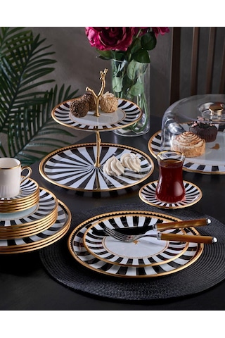34 Parça Iwon Black Bird Altın Yaldızlı 6 Kişilik Pasta Çay Servis İkram Takımı-4797 Çok Renkli