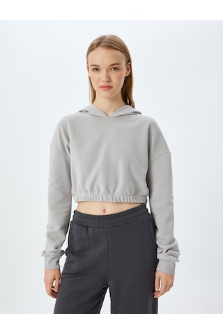 Koton Şardonlu Kapüşonlu Uzun Kollu Crop Oversize Sweatshirt Gri 5wak10099nk