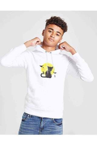 Tshirthane Cat On The Moon Baskılı Unisex Çocuk Kapüşonlu Beyaz Sweatshirt Beyaz