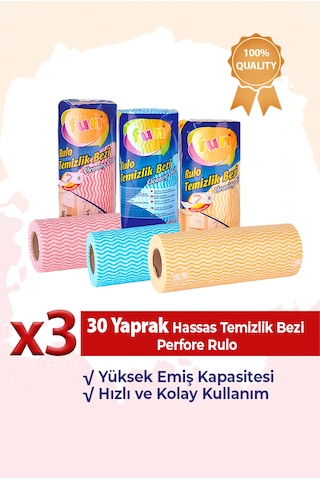 Fun Hassas Temizlik Bezi Perfore Rulo 30 Yaprak 3 Paket Kırmızı - Mavi - Sarı