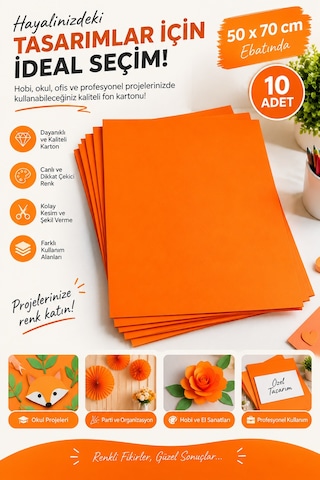 Turuncu Fon Kartonu 50x70 Cm 10 Lu Paket, Renkli Fon Kağıdı, El İşi, Okul Ve Sanat Etkinlikleri İçin
