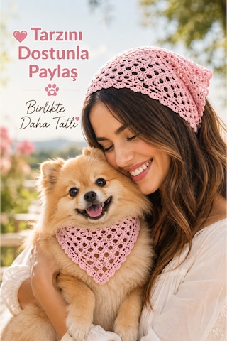 Kadın & Köpek Kombin El Örgüsü Minik Dost Bandana Seti Ayarlanabilir Evcil Hayvan Sahip Kombini Bohem Tasarım Pembe