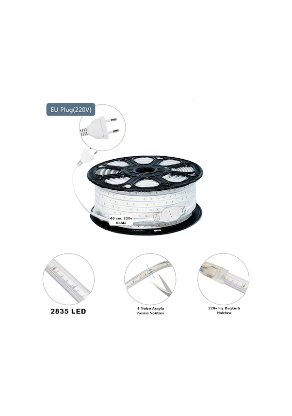 120 Ledli Hortum Led 220 Volt Su Geçirmez Fiş Dahil 5 Metre Beyaz