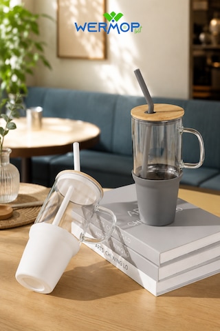 1000 Ml Cam Big Mug Bambu Kapaklı Çelik Pipetli Büyük Boy Kupa Termos Mor Antrasit