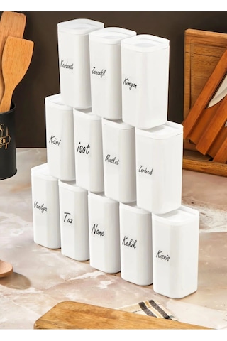 Etiketli 12'li 300 Ml Vakumlu Kapak Mika Beyaz Baharatlık Takımı - Sızdırmaz Conta Saklama Kabı Beyaz