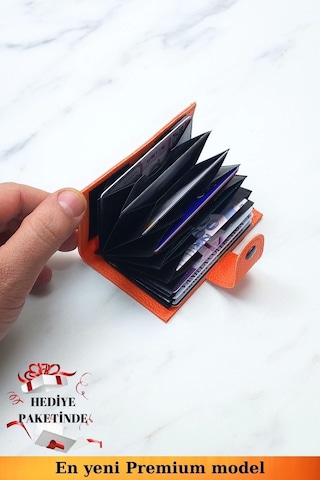 Unisex Vegan Deri Turuncu Cüzdan Akordiyon Ergonomik Organizer Kartlık Turuncu