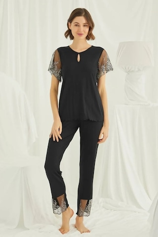 Monamise 19193 Kadın Kısa Kollu Pijama Takımı-siyah Siyah