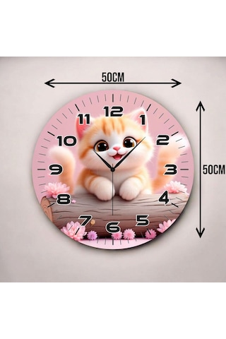Kedi Renkli Baskı Çocuk Odası Desenli Sayılı Hediyelik Ahşap Sessiz Duvar Saati 50cm ÇOk Renkli