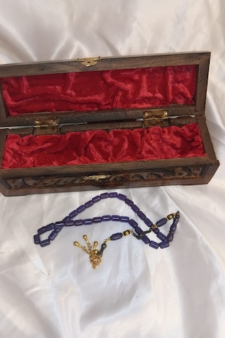 Kehribar Tespih Beyrut Damla Kehribar Tesbih Ahşap İşlemeli Kutu Mor Habbe