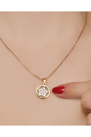 Lekka Design Kadın Kararmaz Çelik Takı Kırmızı Beyaz Mineli Yıldız Madalyon Kolye Altın