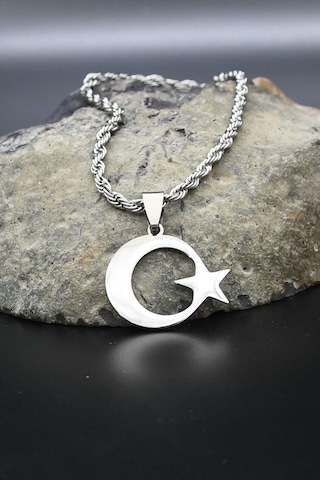 Ay Yıldızlı - Ay Yıldız Kolye Paslanmaz Çelik Zincir 902300 Gümüş