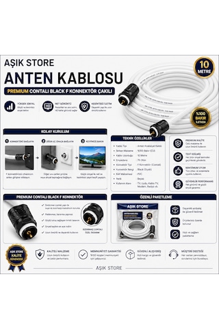 10 Metre Premium Anten Kablosu %100 Bakır İç İletken Contalı Black F Konnektör Çakılı Koaksiyel Tv Uydu Kablosu