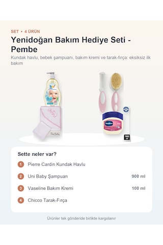 Yenidoğan Bakım Hediye Seti 4 Parça: Kundak Havlu + Şampuan + Bakım Kremi + Tarak-fırça - Pembe