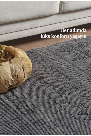 Bohem Tarz Dekoratif Pamuk Taban Şönil Kilim Antrasit Renk Halı