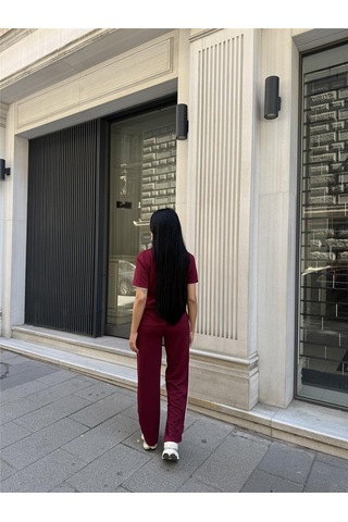 WeShaya Bordo Polyester Keten Polo Yaka Takım Bordo