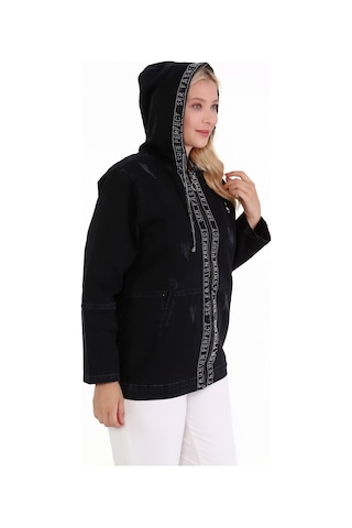 Kadın Kot Mont Büyük Beden Kapüşonlu Taş İşli Siyah