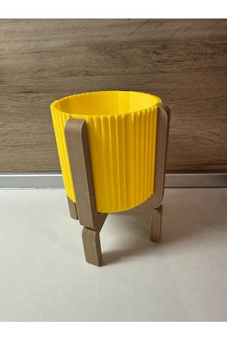 3d Baskı Ayaklı Çizgili Saksı - Bej Standlı Dekoratif Saksı - Sarı -