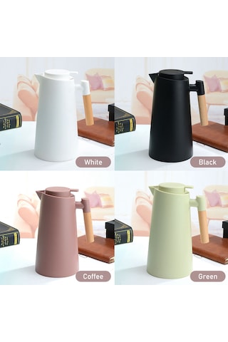 Hfambition 1 Litre Ahşap Saplı Çift Katmanlı Vakumlu Termos Kahve Sürahisi, Sıcak Ve Soğuk Saklama Özellikli Beyaz