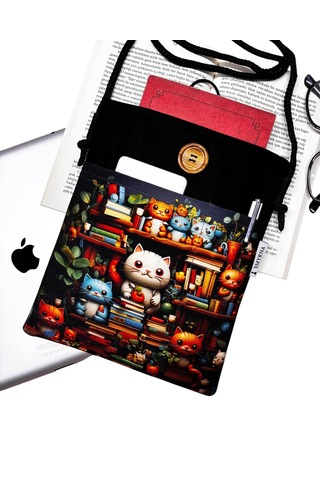 Askılı - Kitap/tablet/ebook Çantası Çıkarılabilir Askı Kediler Siyah