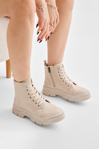 Kalın Termo Taban Bağcıklı Ve Fermuarlı Kadın Bej Günlük Bot Tbrds035 Bej