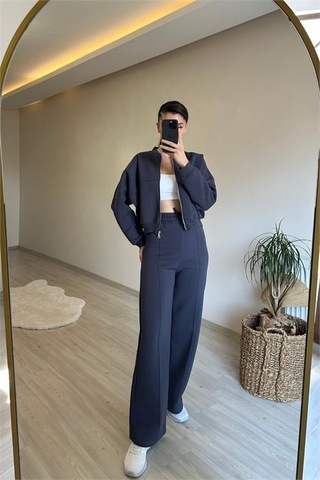 Neşeli Butik Kadın Fermuarlı Oversize Sweat Ve Yüksek Bel Eşofman Takımı Nm018 Antrasit