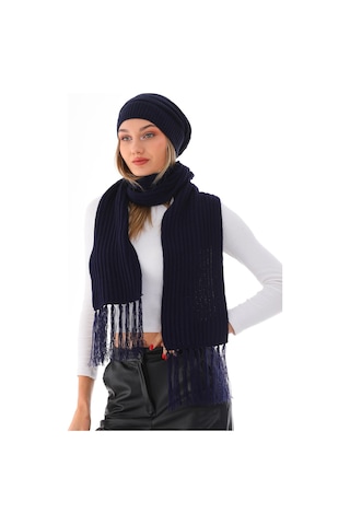 Kadın Ipli Bere Lacivert Selanik Örgü Atkı Takım Lacivert