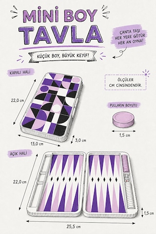 Mini Boy Geometrik Desenli Seyahat Tavlası Kapalı 13 X 22 Cm Açık