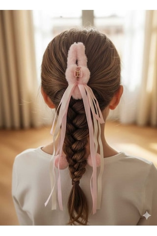 Peluş Pompomlu Kurdelalı Mandal Toka Pembe