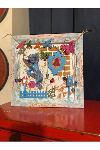 Ozel Tasarım Melek Figürlü Led Işıklı Ahşap Tablo 30 X 30 CM
