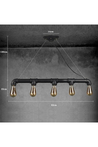 Endüstriyel Malzeme Demir Boru Sarı Ampulden, Rustik Avizel Siyah