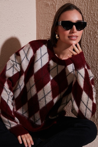 Lela Oversize Fit Bisiklet Yaka Baklava Desenli Yumuşak Dokulu Bayan Kazak 4616223 Bordo