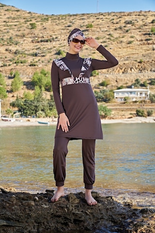 Ruko Maio Rukomayo Desenli Fırfırlı Balıkçı Yaka Micro-lycra Esnek-su Itici Kumaş Siyah Tam Tesettür Mayo
