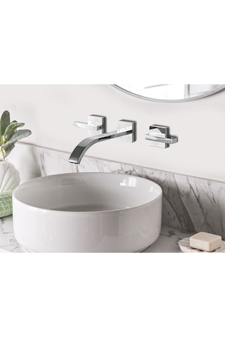 Berraco Duvara Monte Lavabo Bataryası Musluğu, Çift Kulplu, Mat Pirinç Gümüş